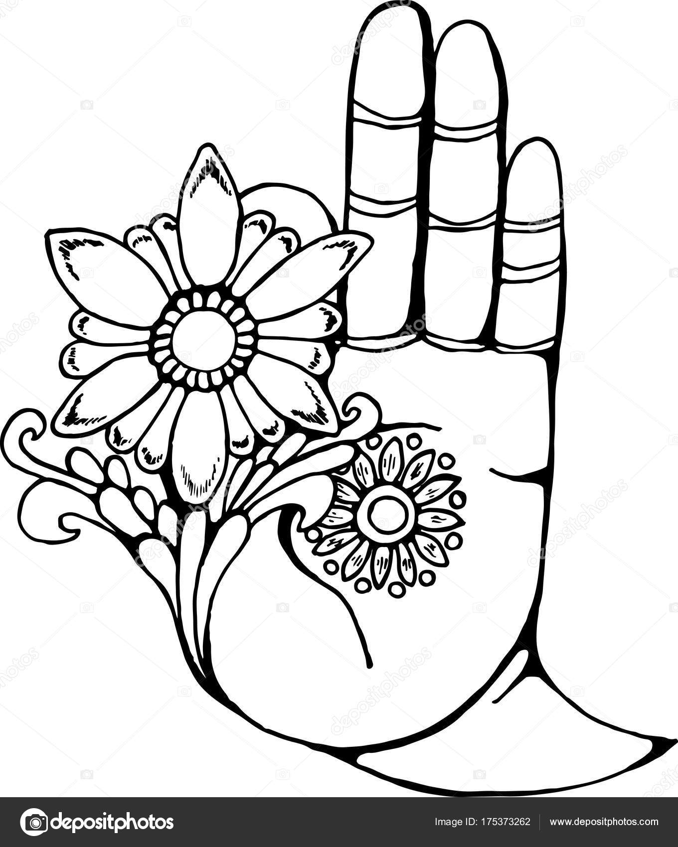 1360x1700 Illustration Of A Buddha Hand Holding A Flower. Black And White