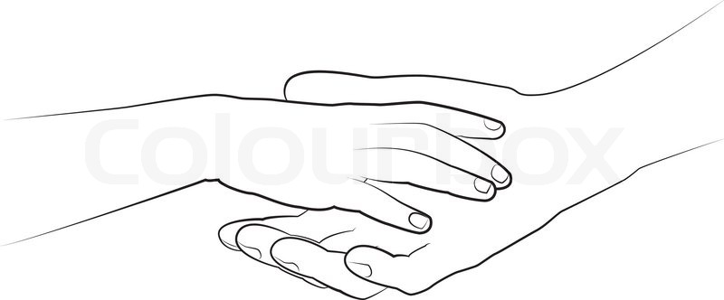 800x332 Man's Hand Holding A Child's Palm. Vector Monochrome Drawing
