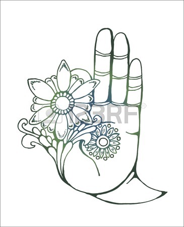 365x450 Illustration Of A Buddha Hand Holding A Flower. Colorfull Drawing