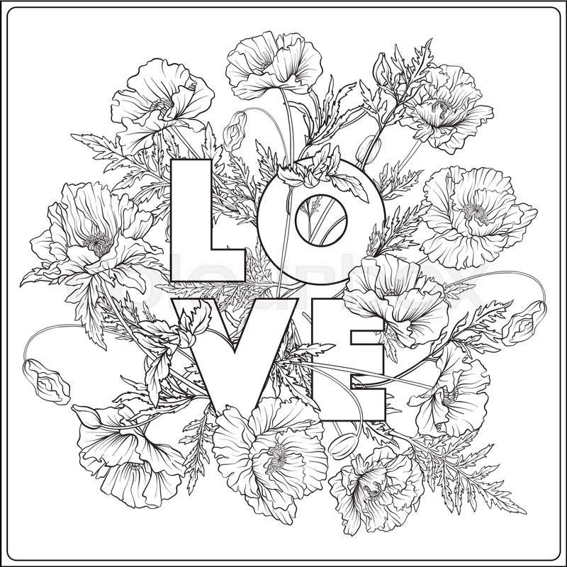 800x800 Card With Poppies Outline Hand Drawing Coloring Page For Adult
