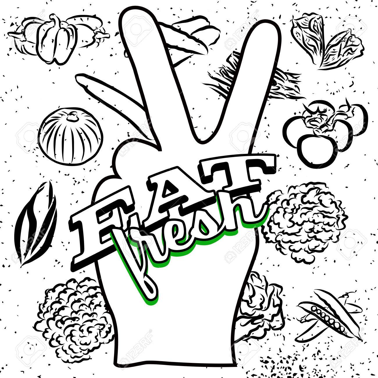 1300x1300 Eat Fresh Lettering On Peace Hand Sign, Hand Drawn Outline Artwork