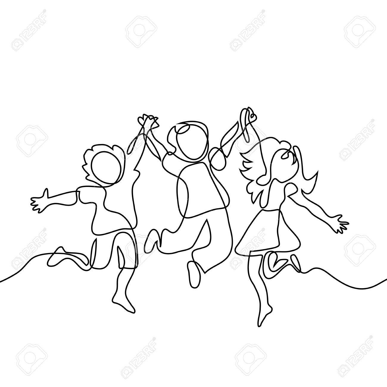 1300x1300 Happy Jumping Children Holding Hands. Continuous Line Drawing