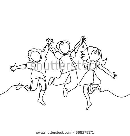 450x470 Happy Jumping Children Holding Hands. Continuous Line Drawing