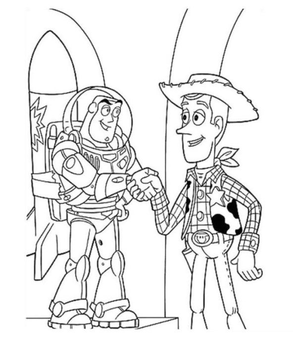 600x689 Woody And Buzz Handshake Toy Story Coloring Page