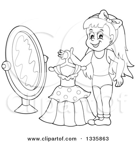 450x470 Clipart Of A Cartoon Black And White Happy Girl Holding A Dress