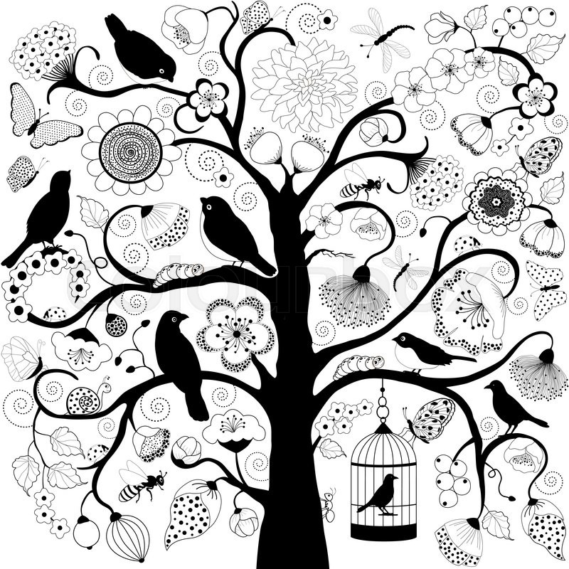 800x800 Tree With Flowers And Birds And Bird Cage Hanging From Branch