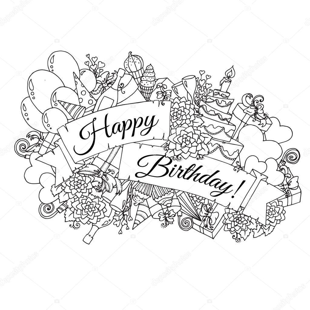 1024x1024 Happy Birthday Background For Card. Hand Drawn Doodles Gift Boxes