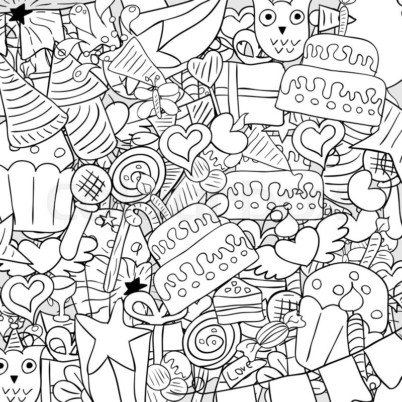 800x800 Happy Birthday Doodles Background, Drawing By Hand Vector Stock