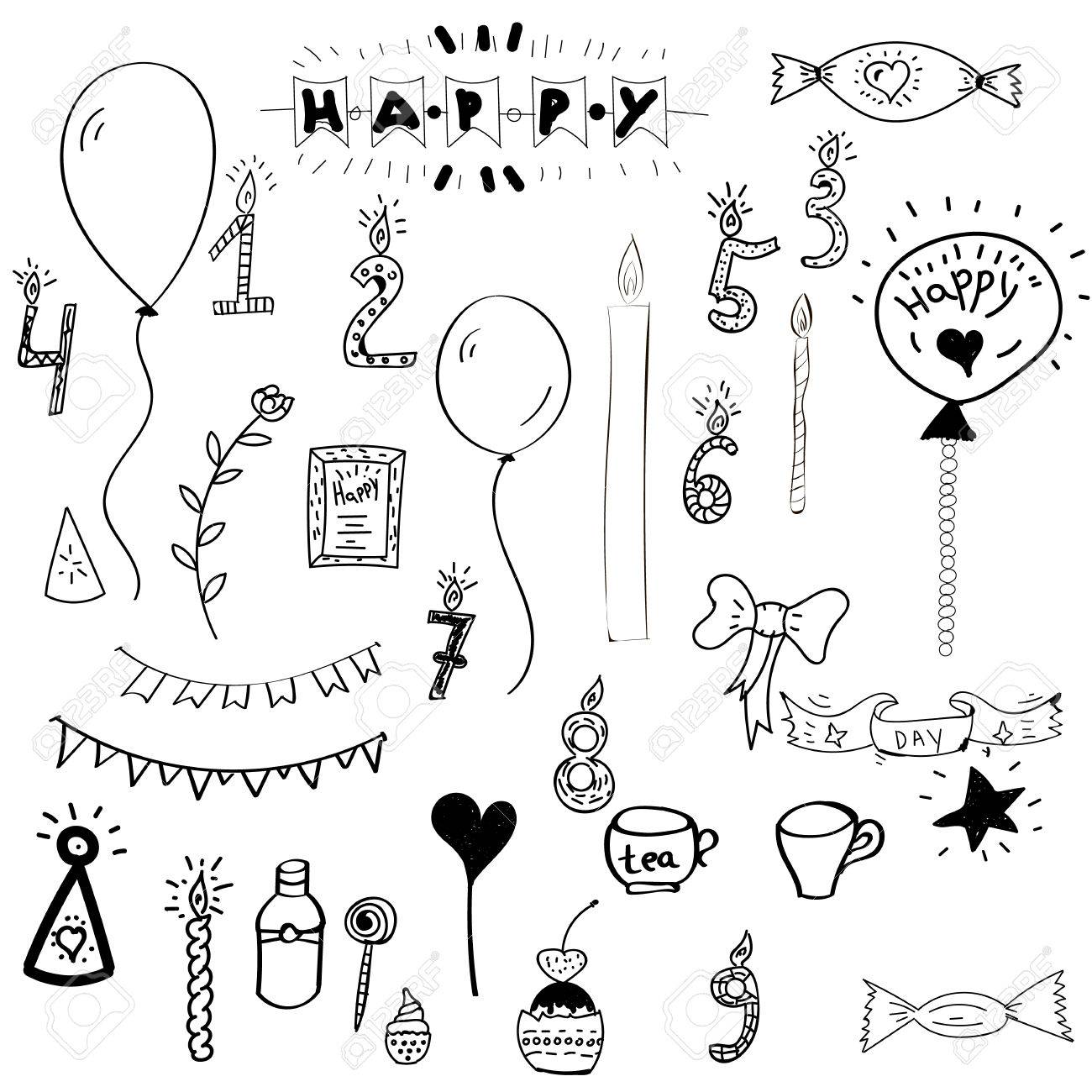 1300x1300 Set Hand Drawn Happy Birthday Collection With Cake, Party Elements
