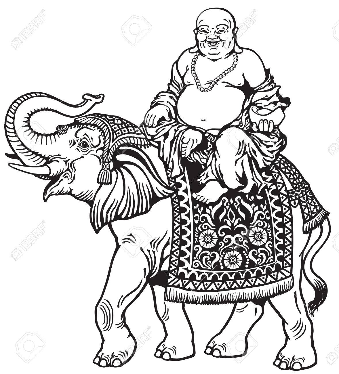 1178x1300 Happy Buddha Riding Elephant , Black And White Image Royalty Free