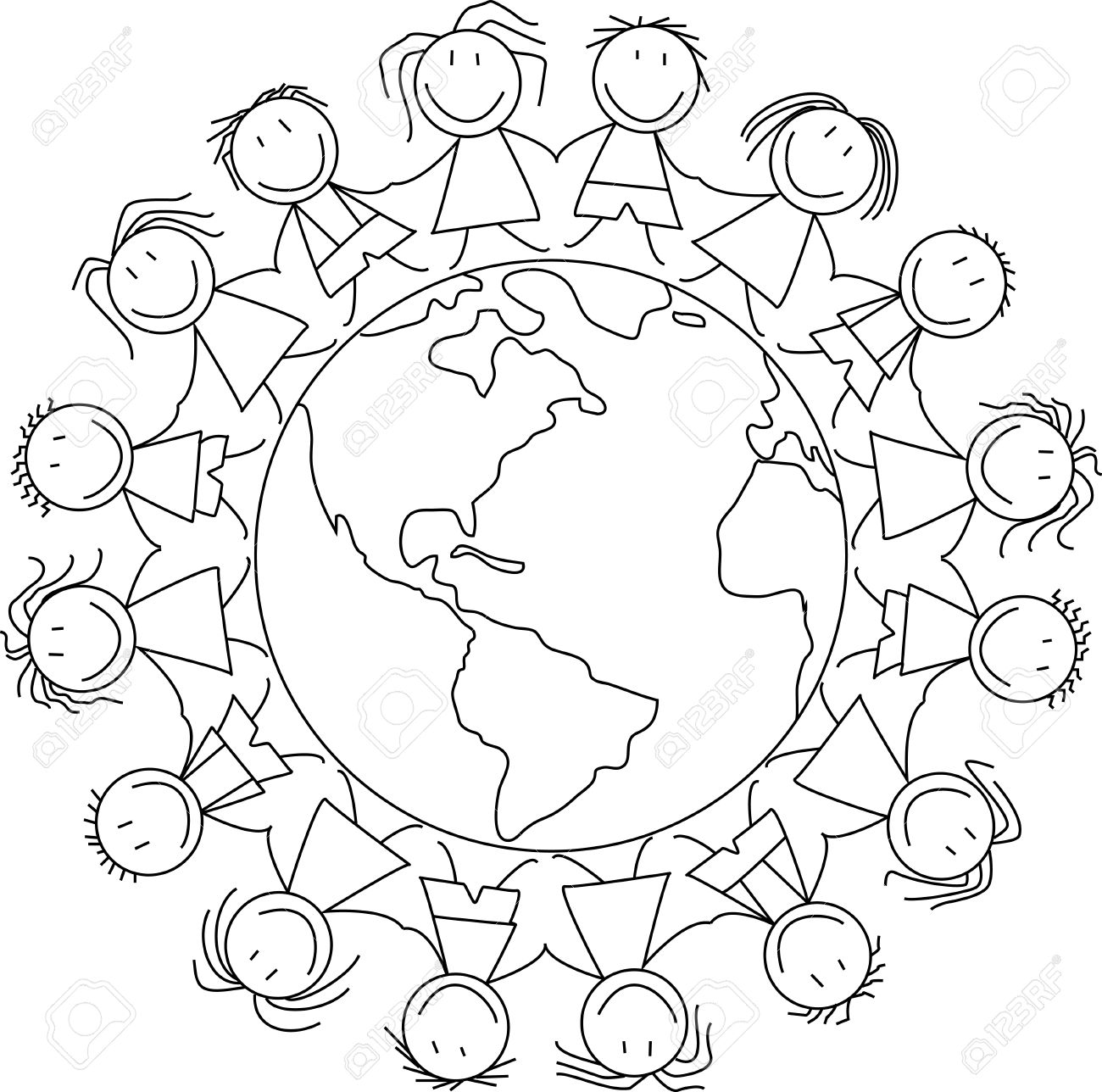 1300x1288 Happy Children Holding Hands On World, Kids Drawing Royalty Free