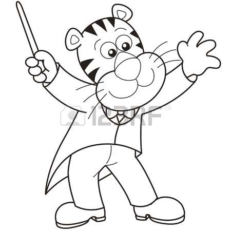 450x450 Line Drawing Children Cartoon Tiger Music Conductor Illustration