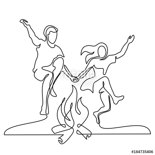 500x500 Happy Couple Jumping Over A Fire. Continuous Line Drawing. Vector