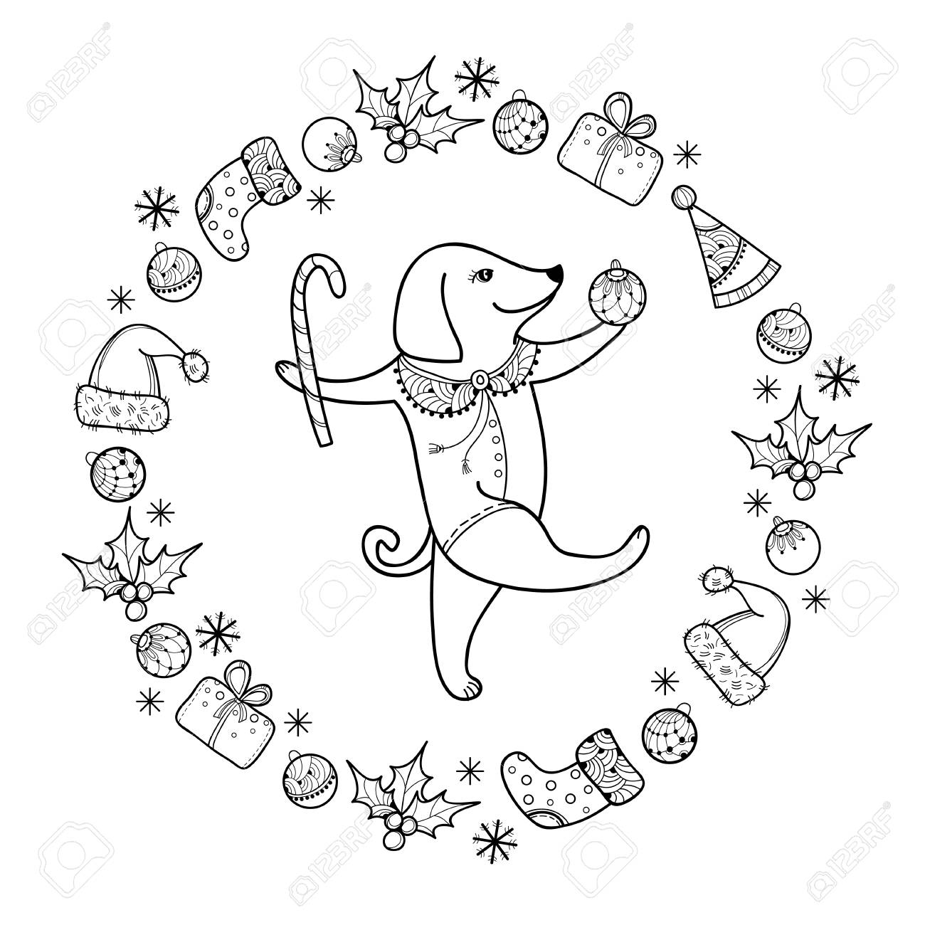 1300x1300 Greeting With Outline Happy Dog With Christmas Cane In Black