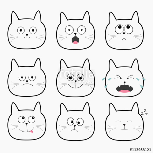500x500 Cute Black Cat Head Set. Funny Cartoon Characters. Different
