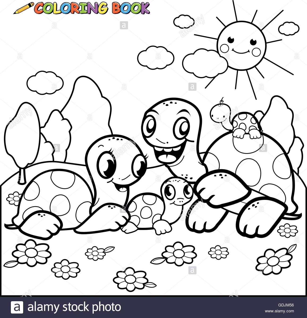 1300x1346 Black And White Outline Image Of A Happy Family Of Turtles Stock