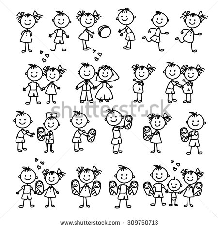 450x470 Vector Set Of Happy Family. Doodle Illustration. Stick Figure
