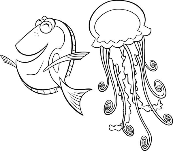 600x524 Happy Fish Has Jellyfish As A Friend Coloring Page