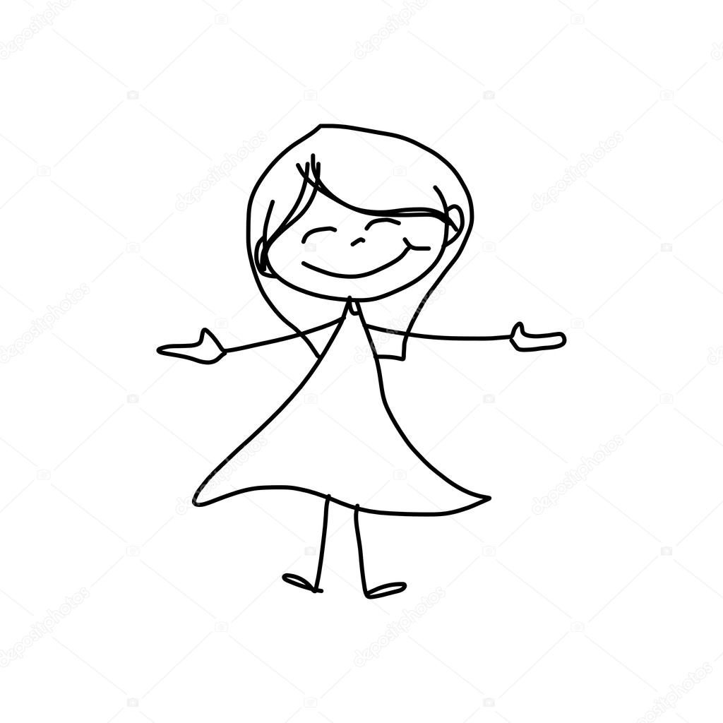 1024x1024 Hand Drawing Cartoon Of Happy Girl In Dress Stock Vector