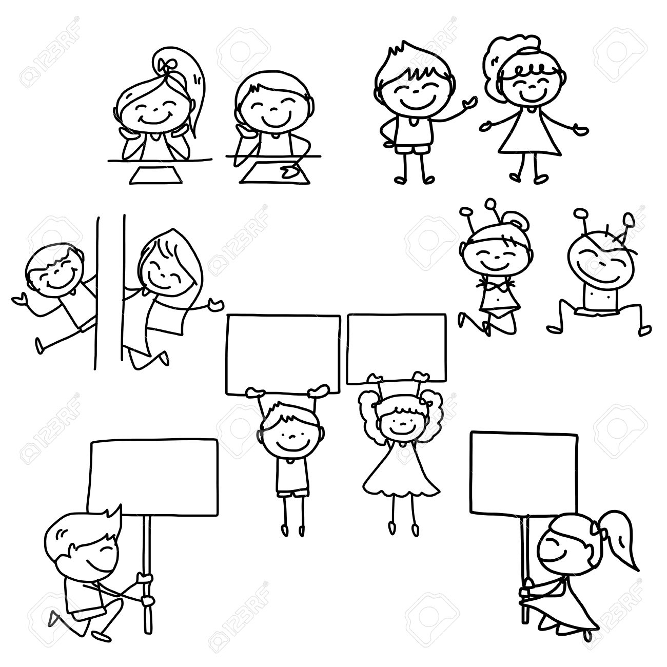 1300x1300 Hand Drawing Cartoon Concept Happy Kids Playing Royalty Free