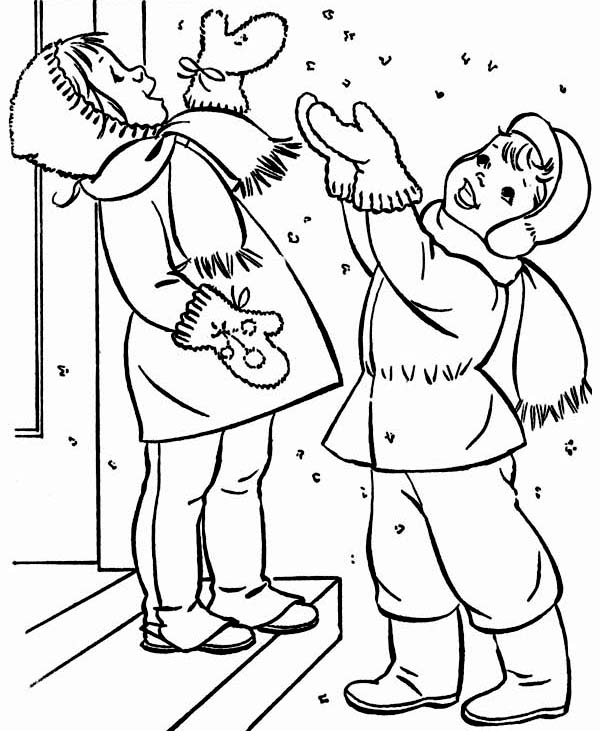 600x731 Two Happy Kids Cheering The First Winter Snow Coloring Page