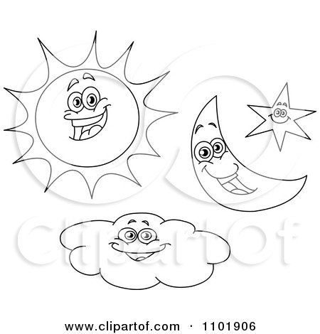 450x470 Clipart Outlined Happy Sun Crescent Moon Star And Cloud Characters