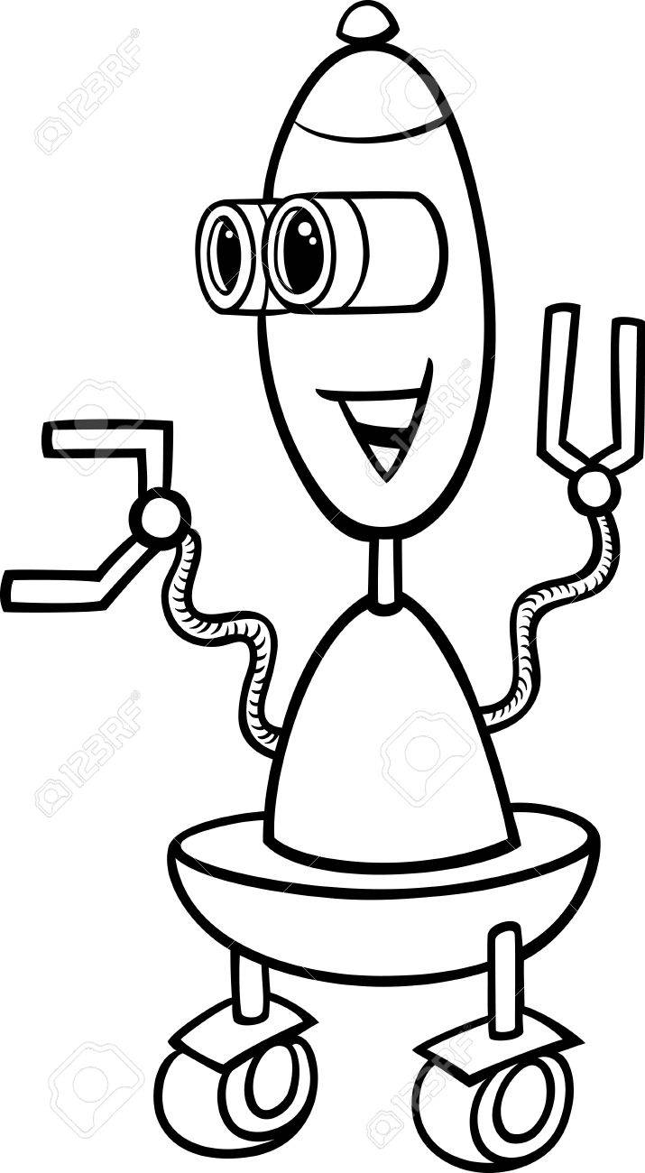 715x1300 Black And White Cartoon Illustration Of Happy Robot On Wheels