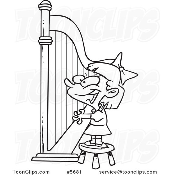 581x600 Cartoon Black And White Line Drawing Of A Girl Playing A Harp