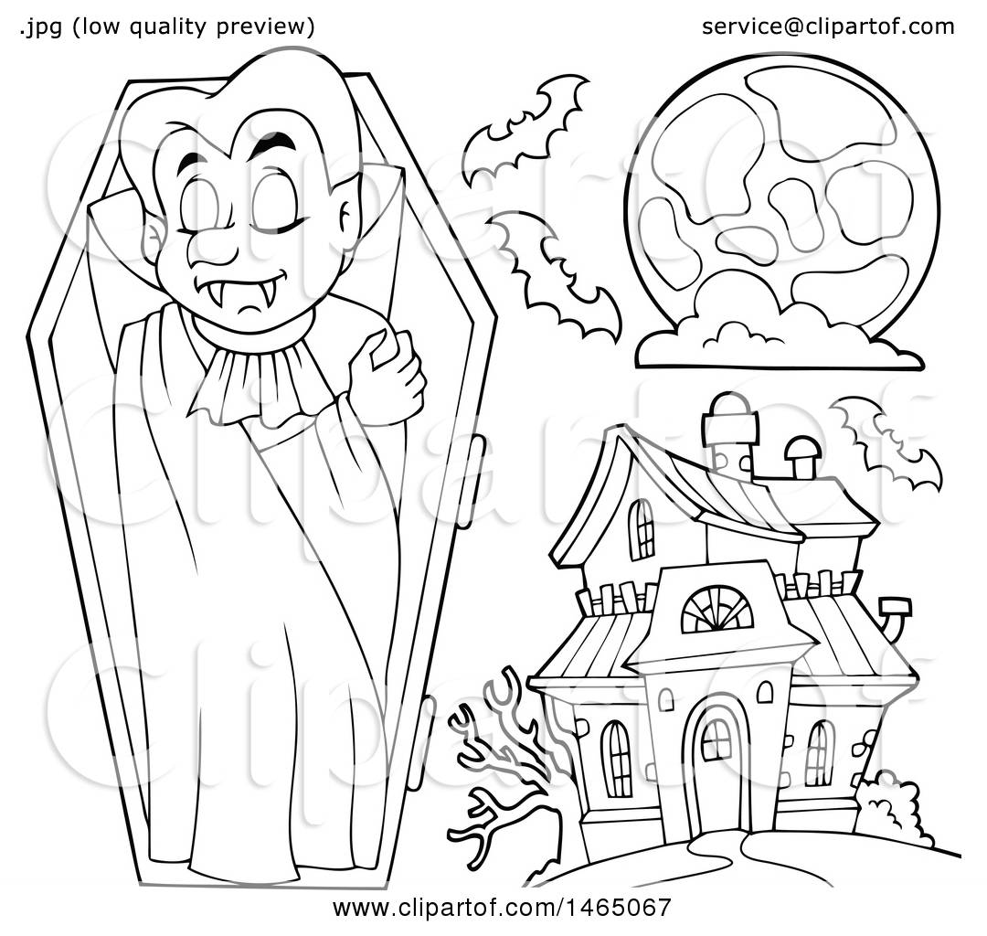 1080x1024 Clipart Of A Black And White Vampire, Full Moon And Haunted House