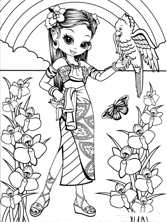 534x709 Hawaiian Girl With Bird Coloring Page Coloring Pages For Adults