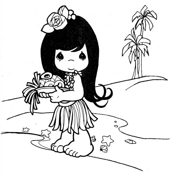 600x612 Little Cute Hawaiian Girl Coloring Page