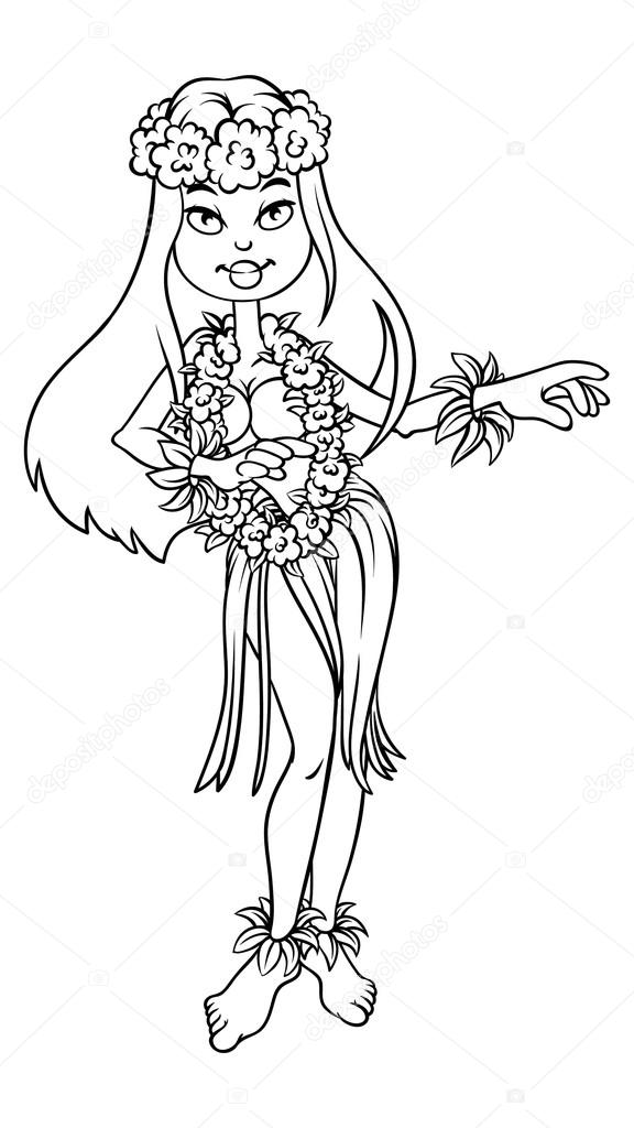 576x1024 Cute Hawaiian Girl Outlined On A White Background Stock Vector