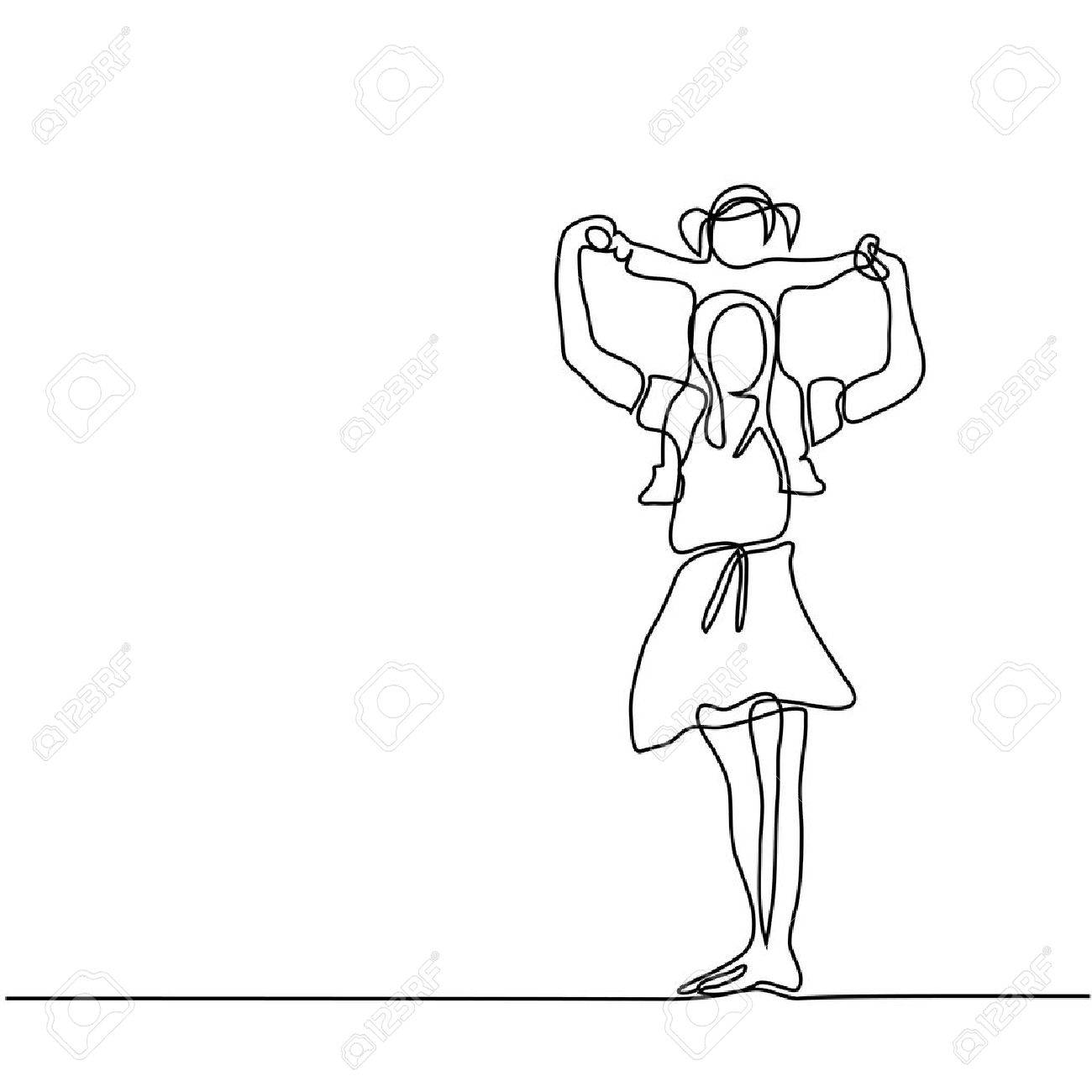 1300x1300 Continuous Line Drawing Vector Illustration. Mother With Dauhgter