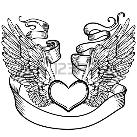 450x450 Line Art Illustration Of Angel Wings, Heart, Tape. Vintage Print