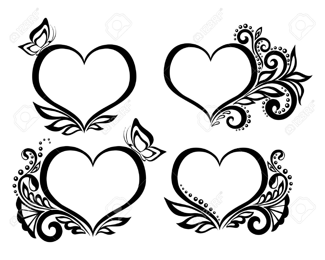 1300x1040 Set Of Beautiful Black And White Symbol Of A Heart With Floral
