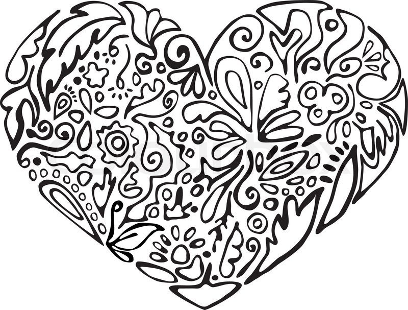 800x607 Black And White Heart, Floral Ornament Sketch, Stencil Stock