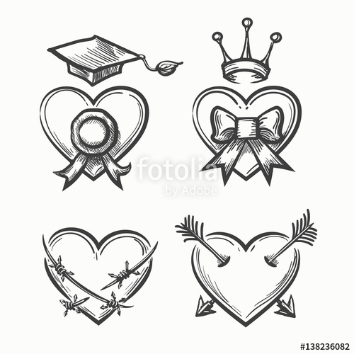 500x500 Hand Drawn Hearts In Tattoo Sketch Style. Heart With Crown