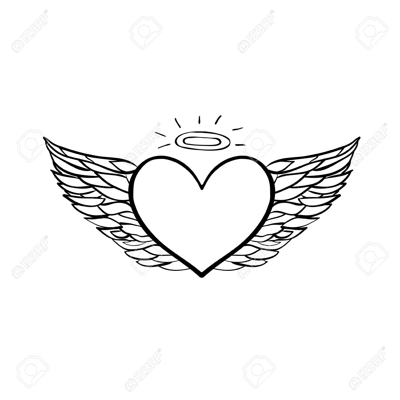 1300x1300 Vector Hand Drawn Flying Angel Heart. Black Sketch On White