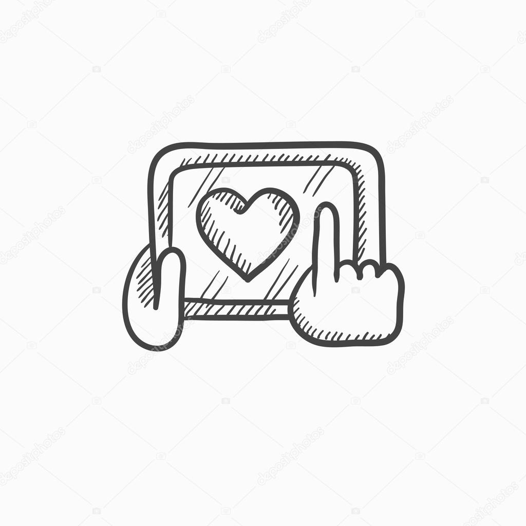 1024x1024 Hands Holding Tablet With Heart Sign Sketch Icon. Stock Vector