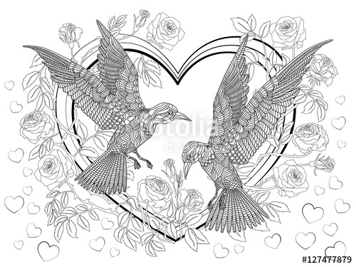 500x375 Hand Drawn Birds On Hearts In Roses. Coloring Page. Stock Image