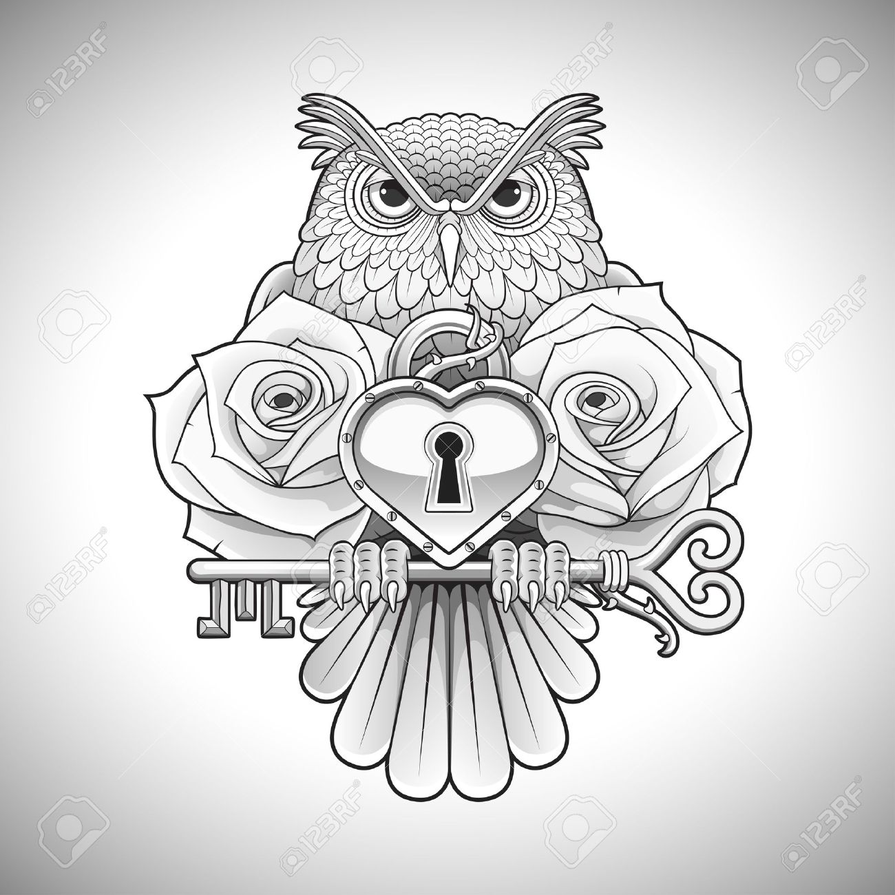 1300x1300 Beautiful Black Tattoo Design Ofn Owl Holding Key