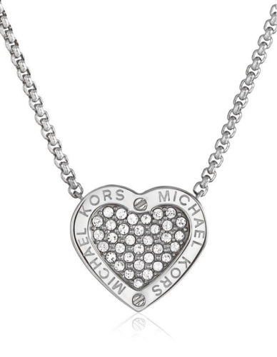 388x500 Michael Kors Silvertone Pave Mk Logo Crystal Heart Necklace