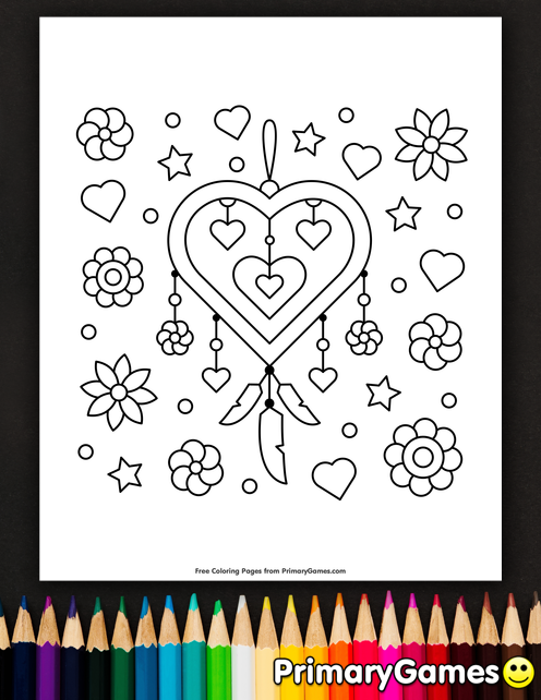 496x642 Heart Shaped Dream Catcher Coloring Page Printable Valentine'S