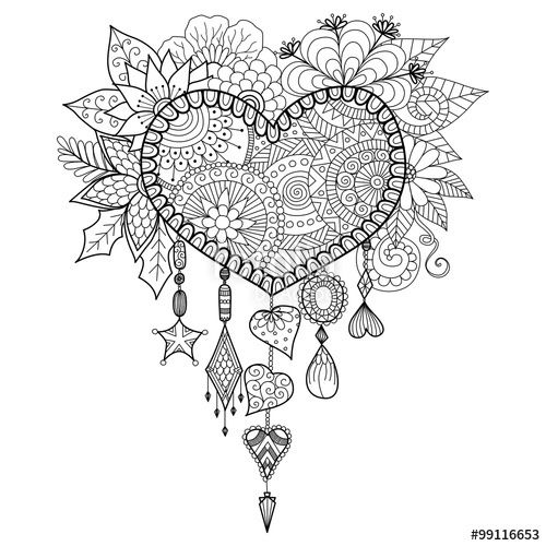 500x500 Vector Hand Drawn Heart Shape Floral Dream Catcher For Coloring