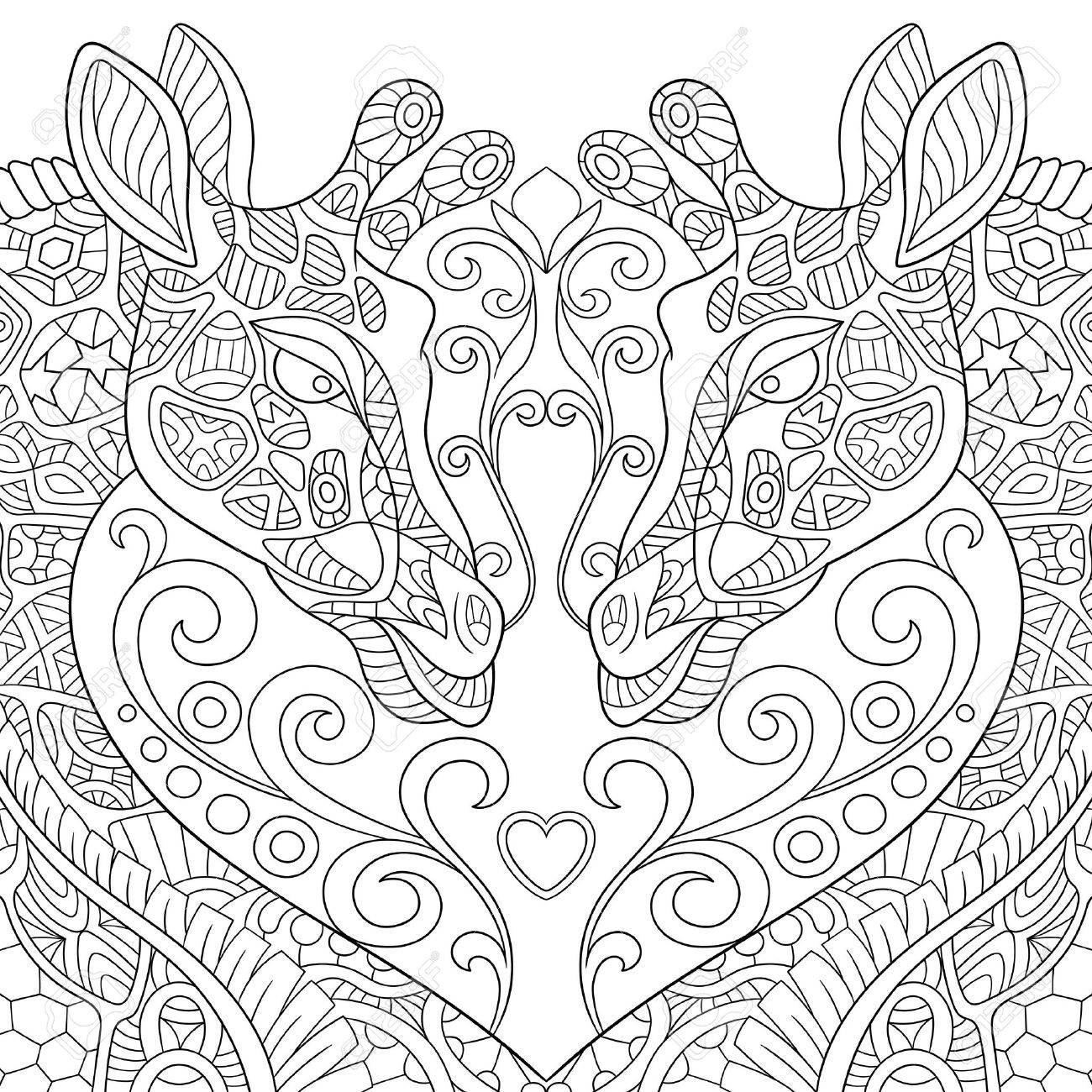 1300x1300 Stylized Two Cartoon Lovely Giraffes With A Heart. Sketch