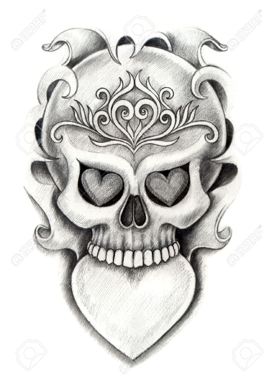 908x1300 Skull Heart Tattoo. Hand Drawing On Paper. Stock Photo, Picture