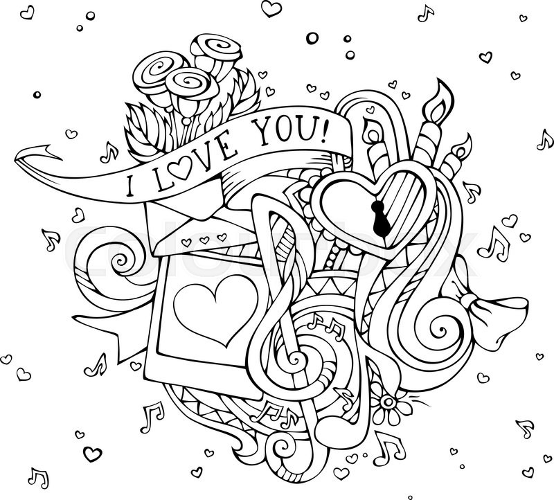 800x722 Outlined Hand Drawn Background. Music Notes, Hearts, Lock, Letter