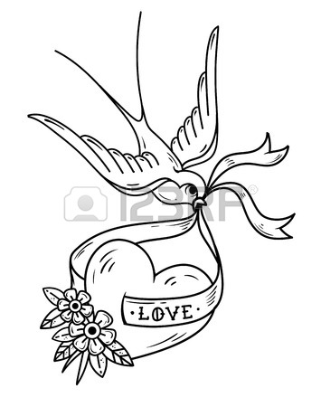 355x450 Swallow Carries Over Red Heart On Ribbon With Lettering Love