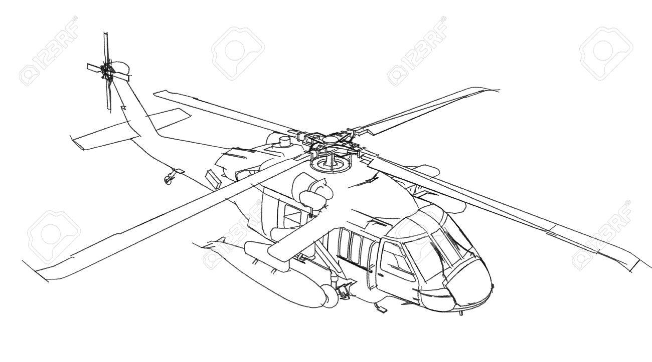 1300x723 Helicopter Sketch Isolated On White Background Stock Photo