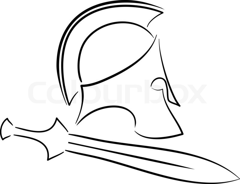 800x614 Sketch Of Ancient Helmet With Sword. Raster Version Stock Photo